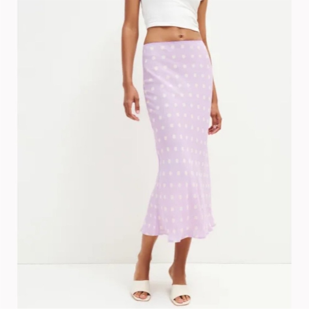 NWOT Reformation Layla Skirt in Violetta Purple White Dot Midi Elasticated Waist